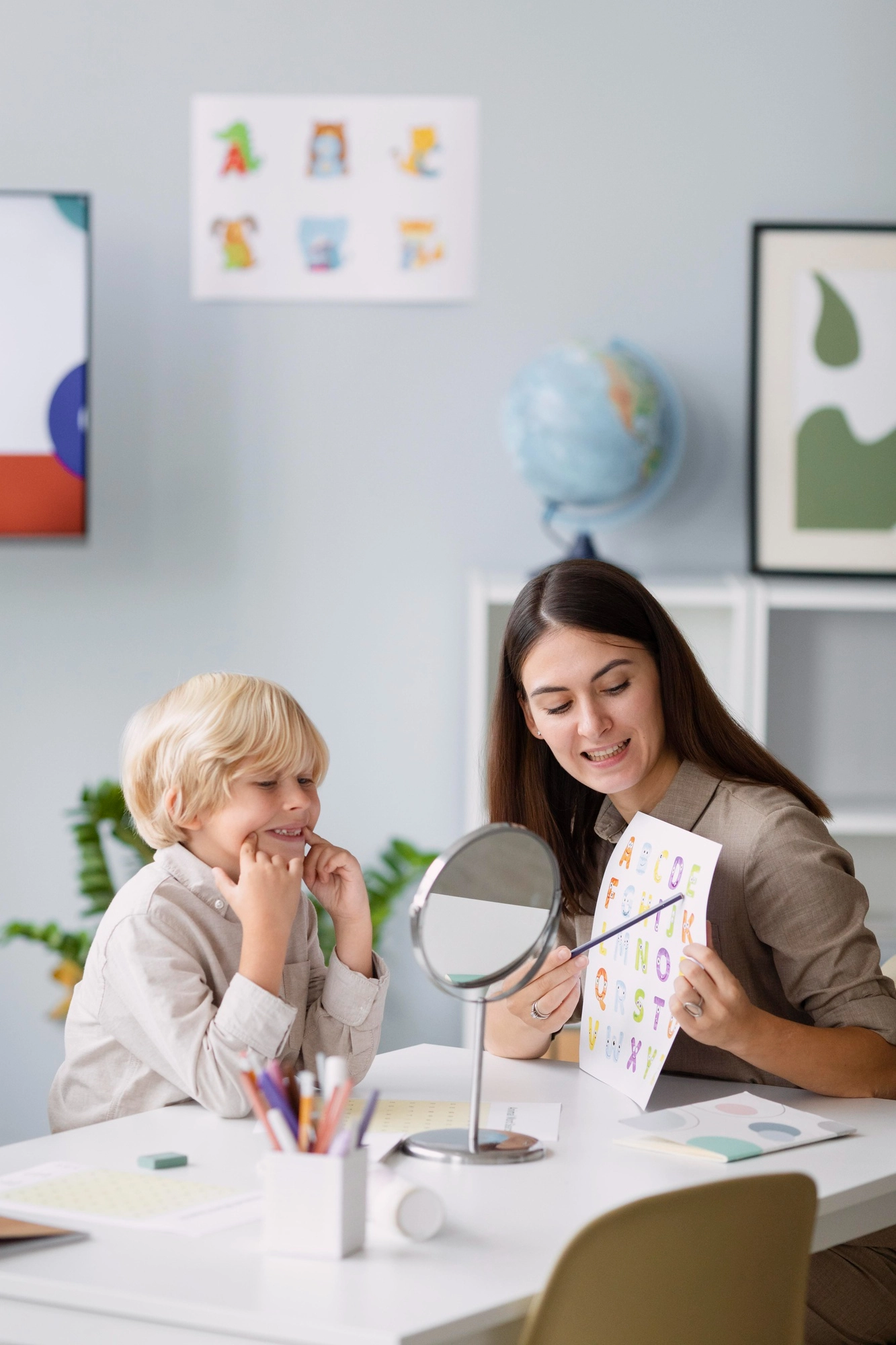 Speech therapist using play-based communication exercises with a child